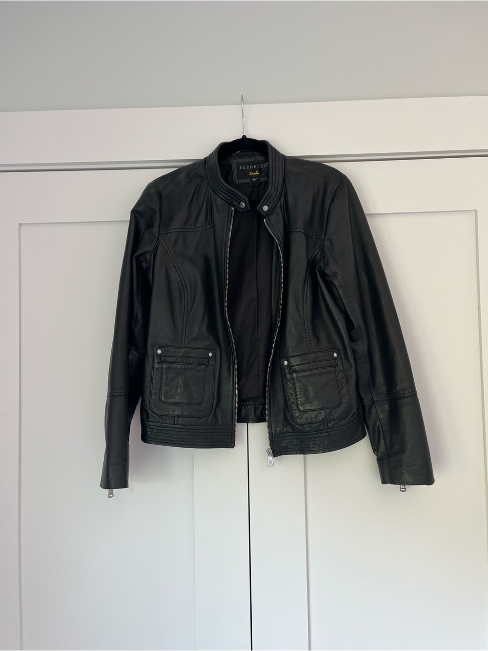 Bernardo Black Leather Biker Jacket with Snap Collar
